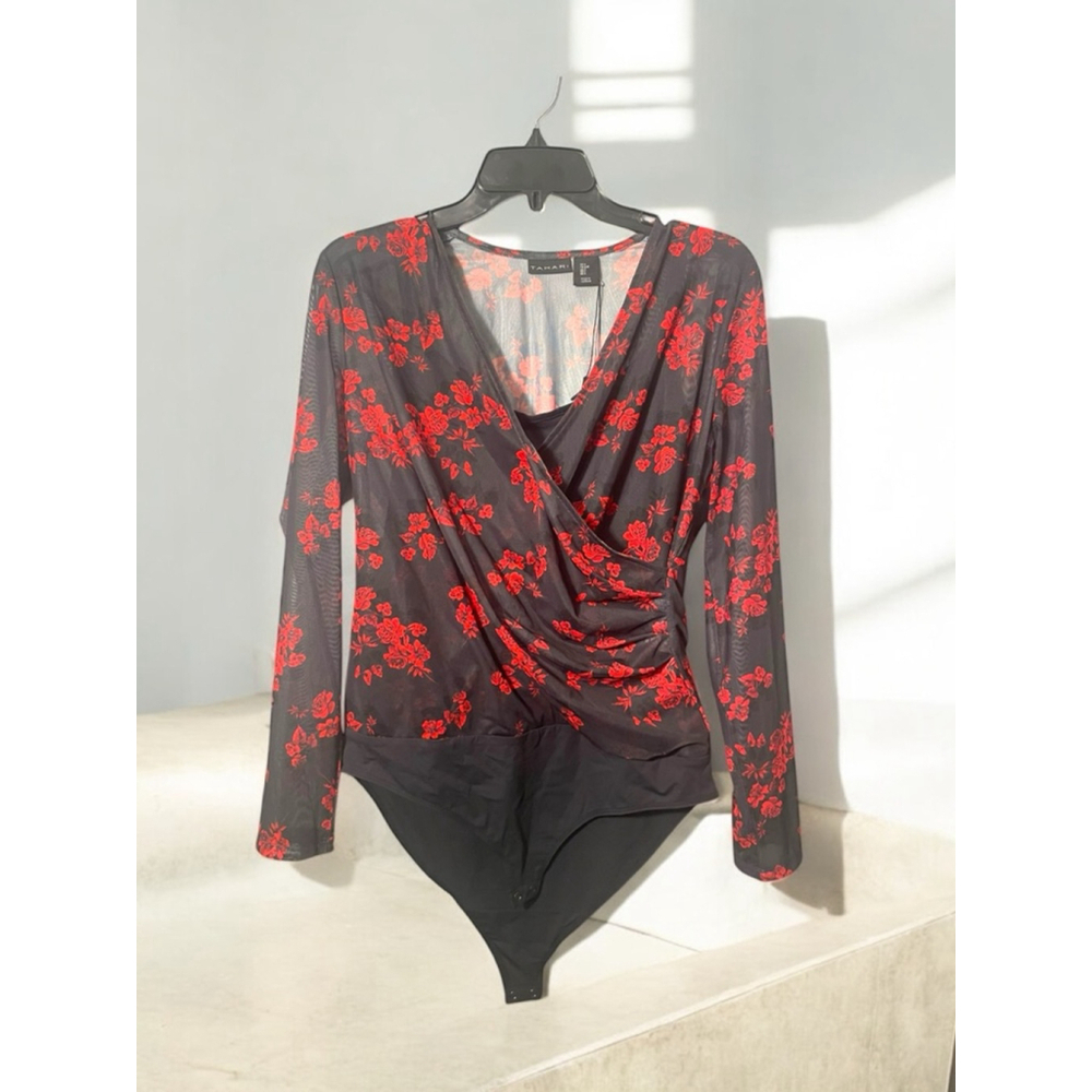 Size L Tahari Bodysuit Black Red Sheer Floral Long Sleeve V-Neck Whimsy Goth